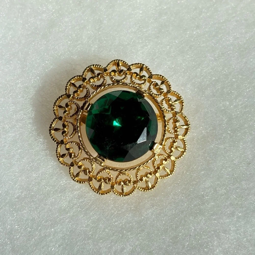 Gold Tone Green Gem Costume Brooch